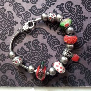 Silver Tone Charm Bracelet  Red Apples & Hearts